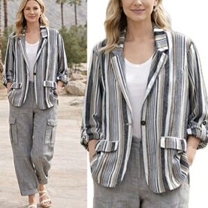 C EST 1946 Striped Linen Blend Boyfriend Blazer Womens Size XL Roll Up Sleeve